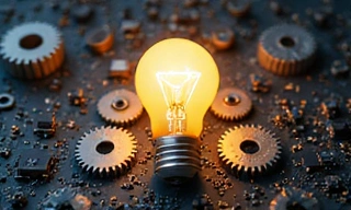 A lightbulb surrounded by gears and circuit boards, representing innovation and technological advancement.