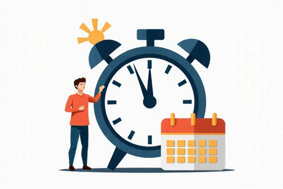 Stylized clock with a calendar and a small human figure, symbolizing time management and balanced activity for responsible gaming.