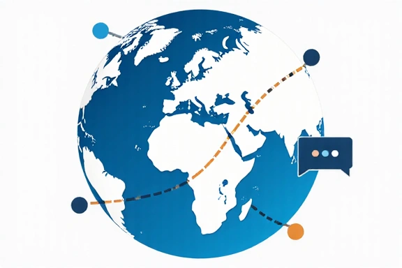 Stylized globe with connected dots and a message icon, representing global communication and contact.