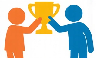 Two stylized human figures high-fiving over a trophy, symbolizing community and competition.