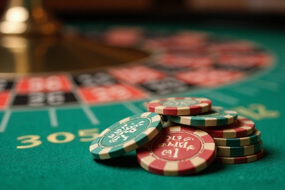 Virtual chips neatly stacked on a roulette table