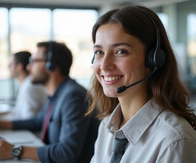 Customer support representative on a headset in a modern office