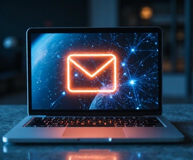 Email icon with a laptop and digital communication