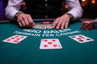Blackjack table with cards and chips, tournament graphic
