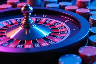 European Roulette wheel with chips, tournament graphic