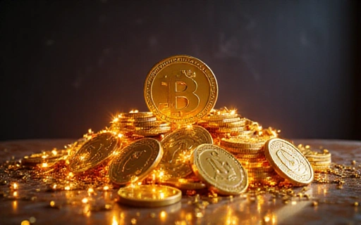 Pile of virtual coins and a medal