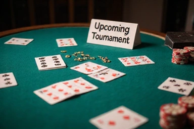 Poker table with cards and chips, tournament graphic